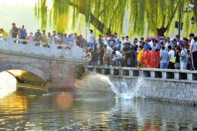 北京什刹海百余斤鱼放生时遭哄抢 围观者落水(图)